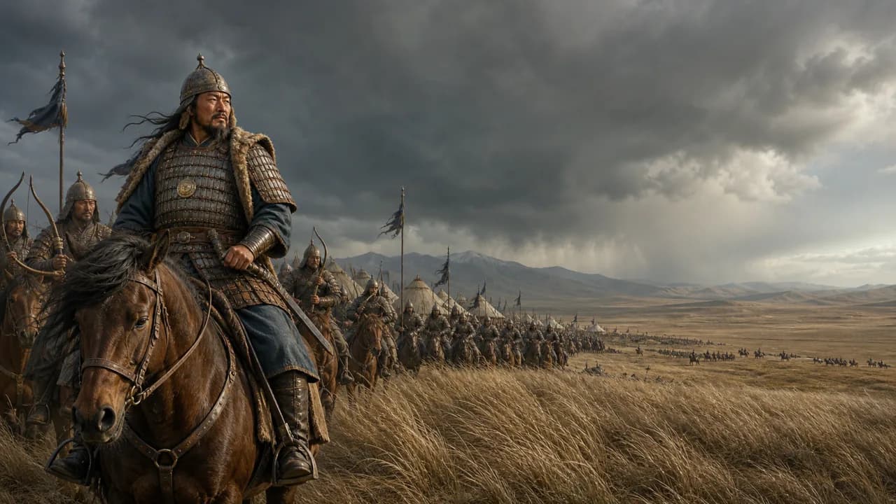 Chinggis Khan mounted before a Mongol steppe army