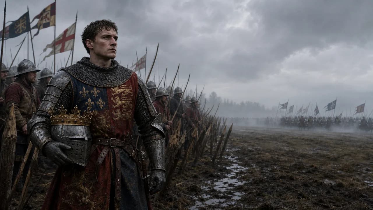 Henry V before an English army under a grey sky
