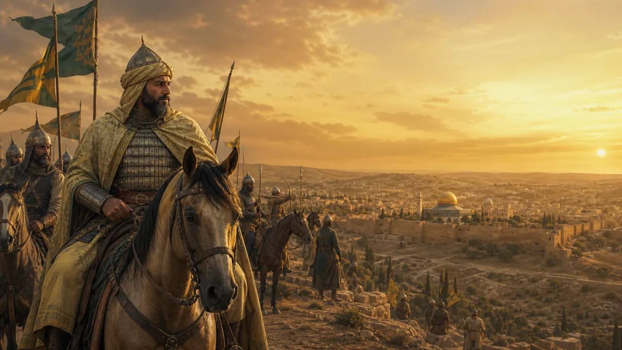 Saladin mounted above Jerusalem at sunset
