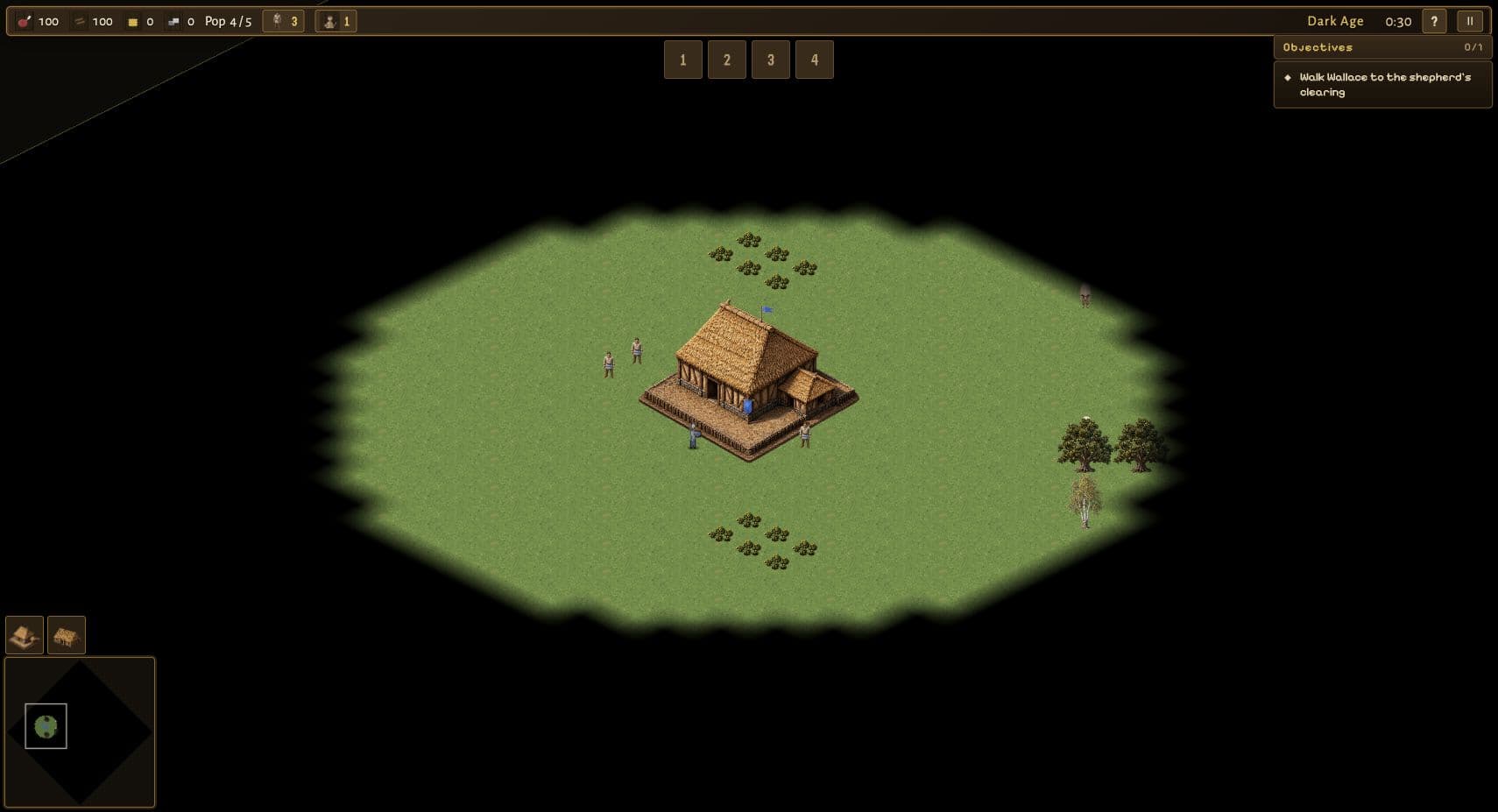StoneSiege gameplay showing a Scottish settlement, selected units, resources, and fog of war