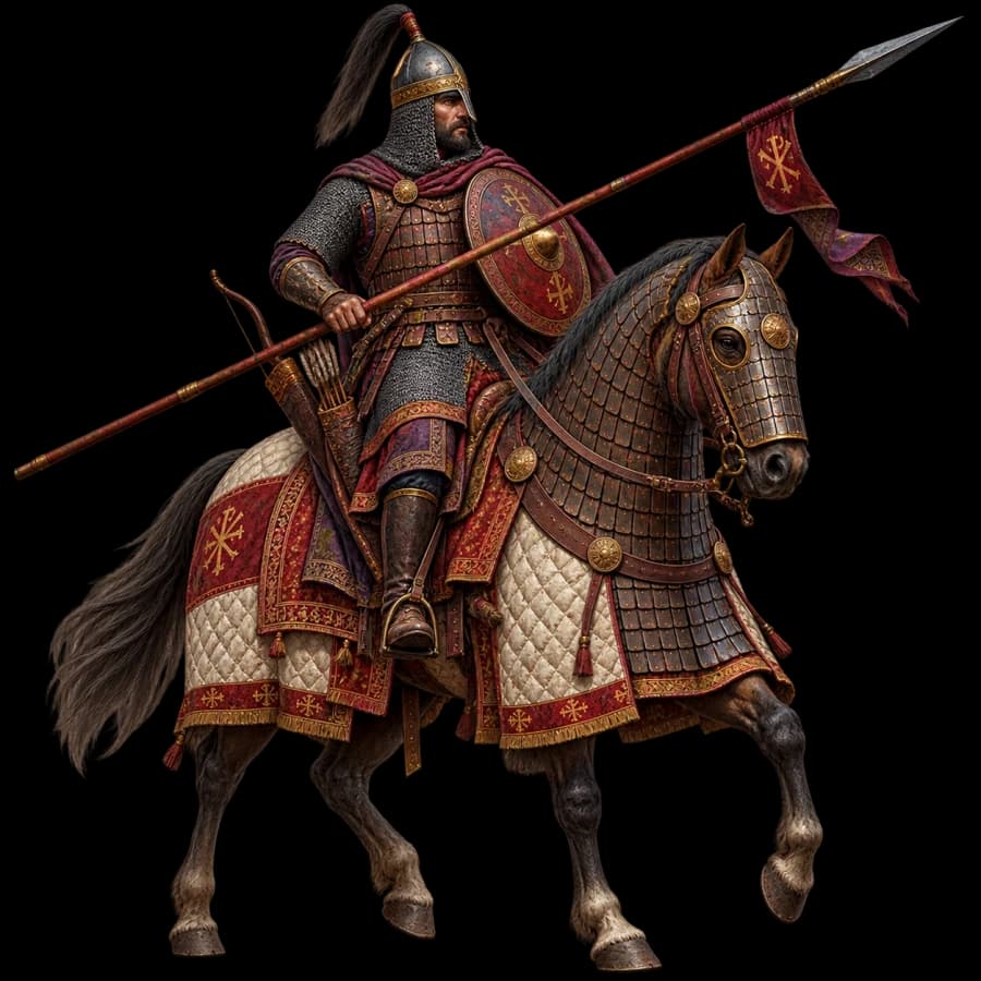 Byzantine Cataphract in mail and lamellar mounted on a barded horse with a long lance