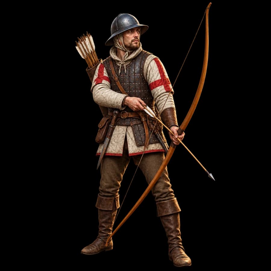 English Longbowman in a quilted jack holding a full-height yew war bow