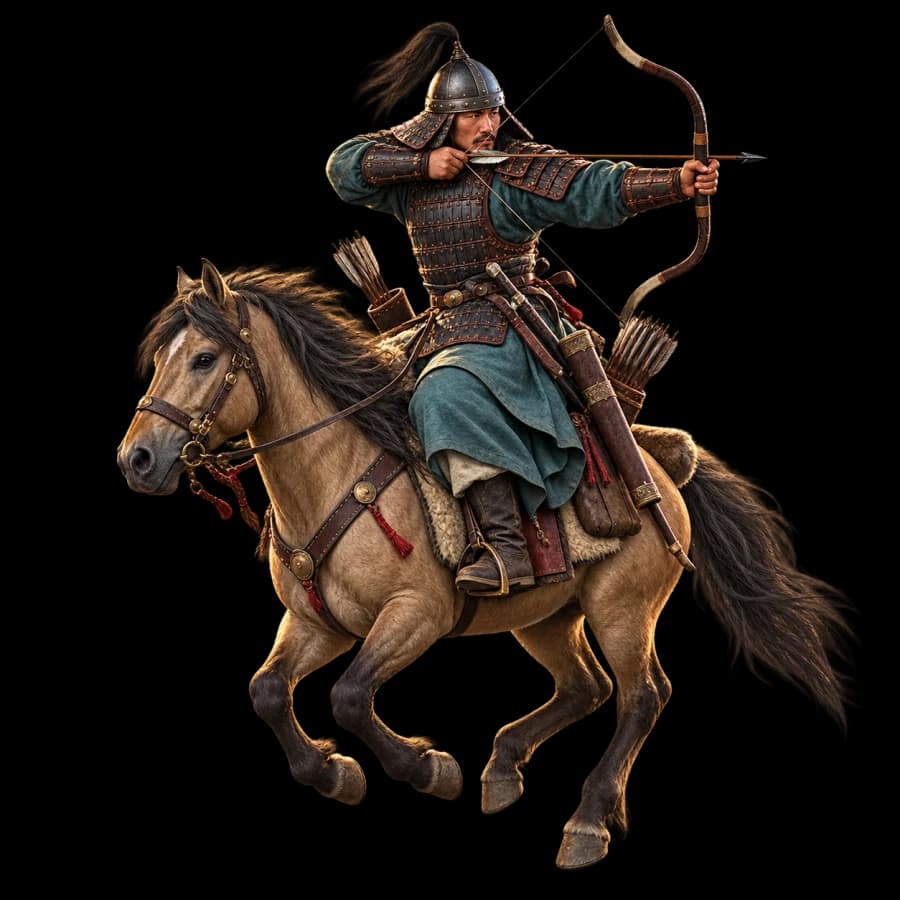 Mongol Kheshig Horse Archer drawing a composite bow from a compact steppe horse