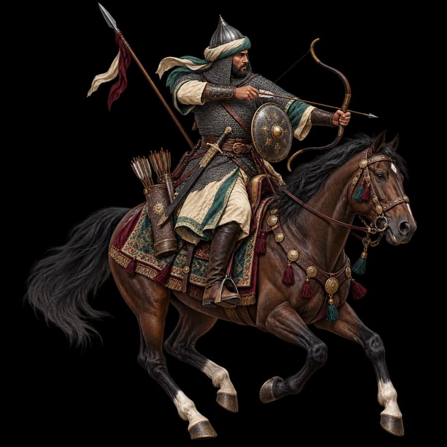 Mamluk cavalryman in mail drawing a composite bow from horseback