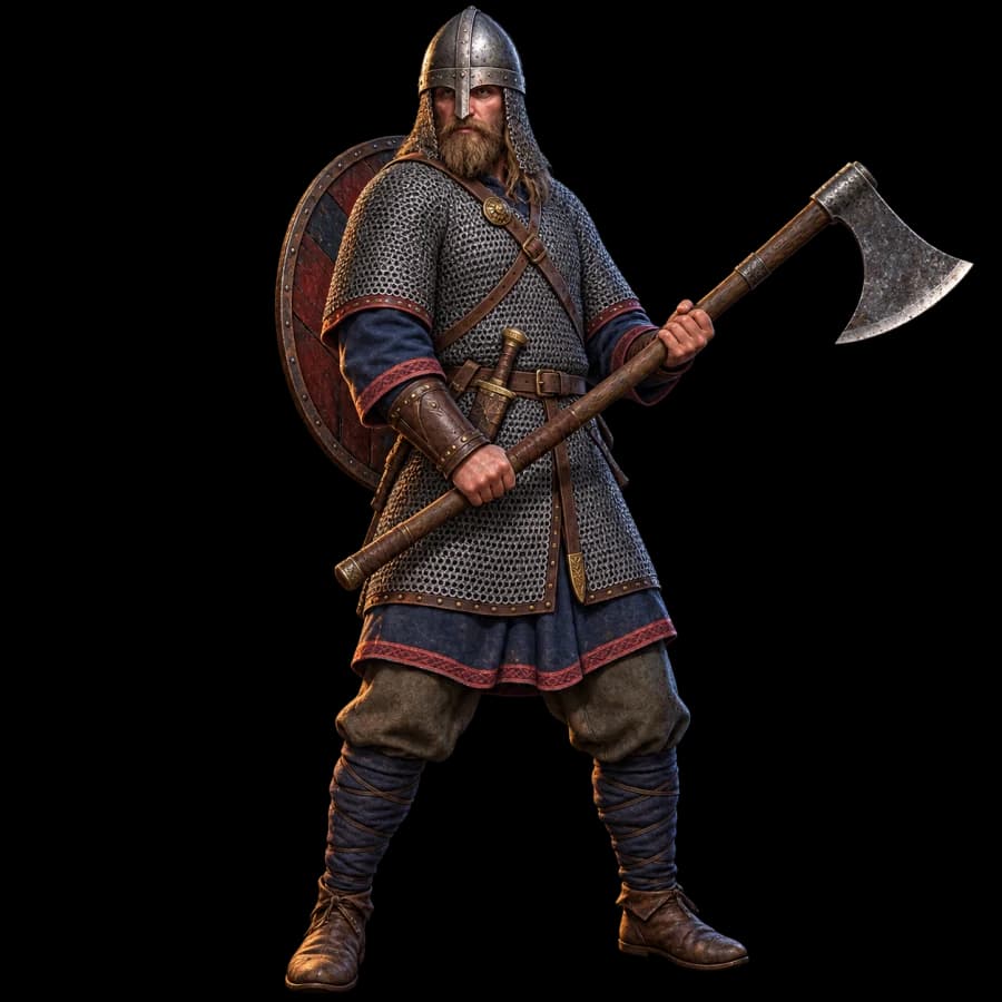 Viking Housecarl in riveted mail holding a two-handed Dane axe